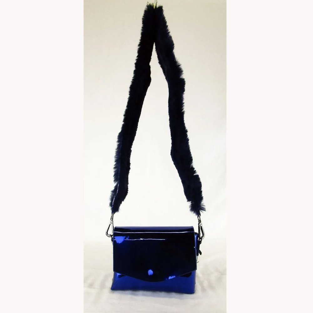 STREET LEVEL Navy Mirror Fur Patent Leather Shoulder Cross Body Bag